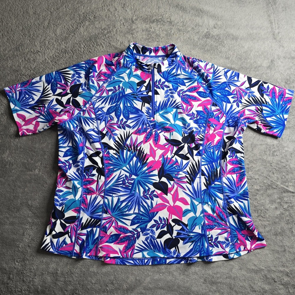 Coolibar Rash Guard Swim Shirt Womens XXL Blue Pink Floral Hawaiian S/S UPF 50+